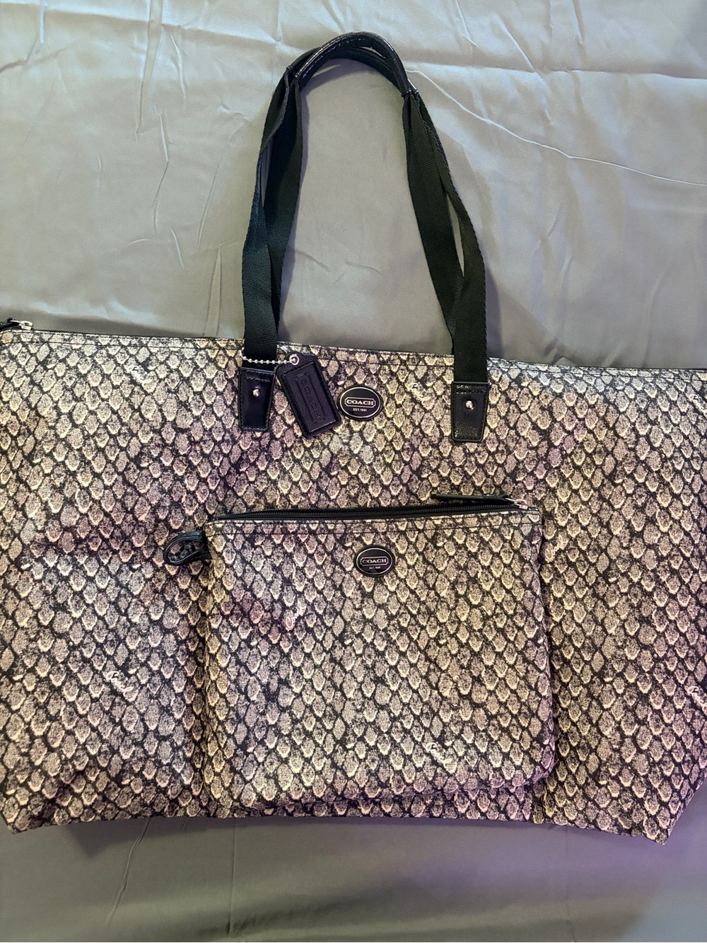 Coach Snake-Print Packable Tote/ overnight Bag in Black and Tan